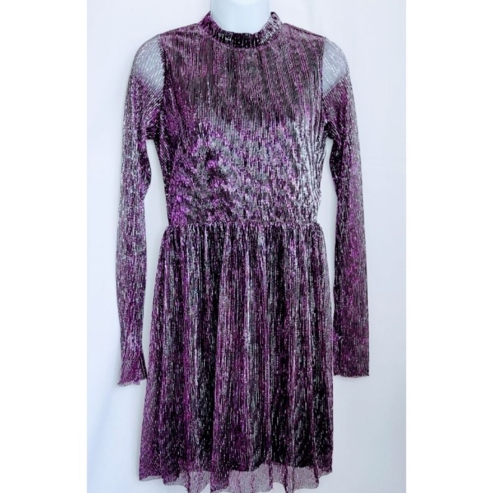 Love Fire Mini Dress Mock Neck Purple Metallic Shimmer Medium